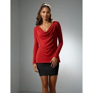 Premise Studio Women Layered Cowl Neck Draped Long Sleeve Top S Red Classic Bold